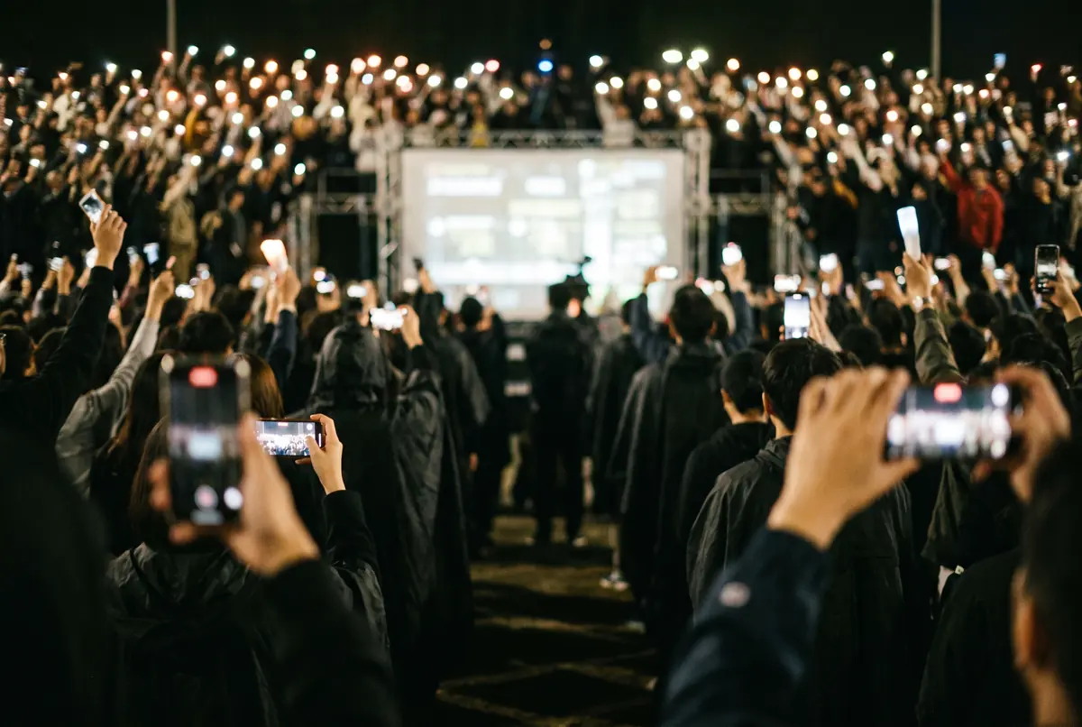 A dark room lit by screens during a community charity livestream, points of light held up across the crowd.