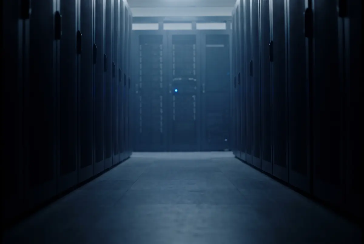 A dark data centre cold aisle, rows of server racks receding into blue haze.